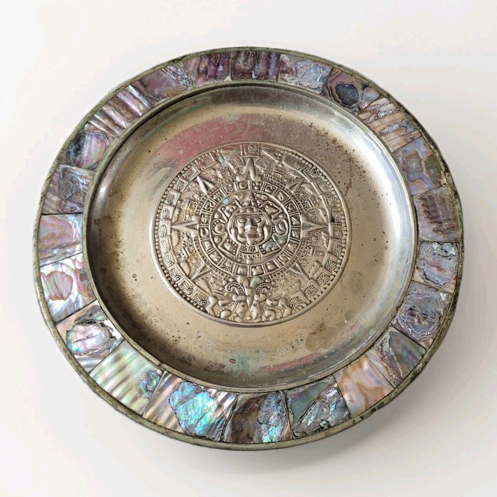 Vintage Mexican Brass & Abalone Shell Aztec Calendar Plate 6.25" - Signed Mexico